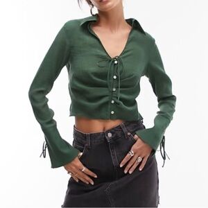 Topshop Forest Green Blouse with Tie Detail